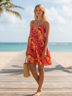 Rima beach dress, size M, fun retro Caribbean print, adjustable straps, EUC